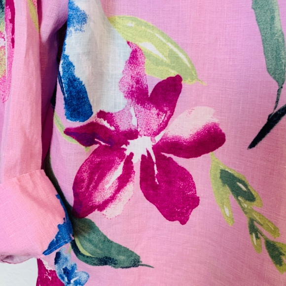 Chico's Linen Button Up Shirt Size 10 Pink Floral Tropical Hawaiian Vacation - Picture 6 of 11